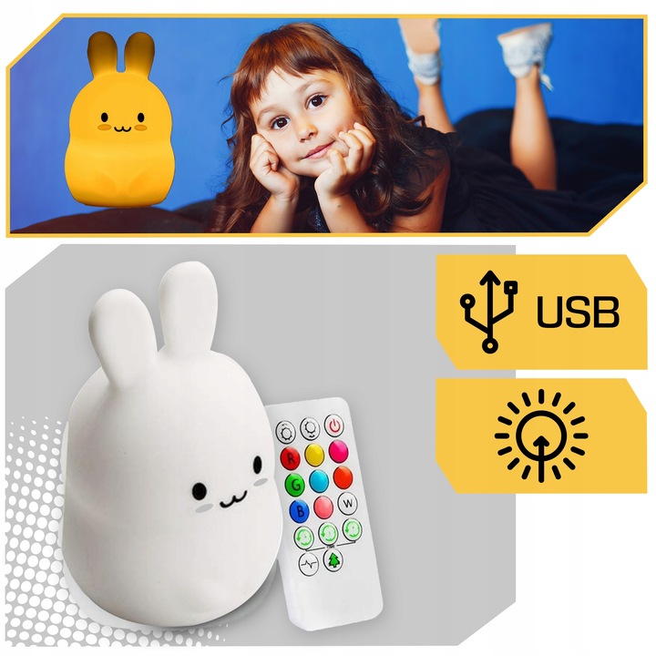 MIĘKKA Lampka Nocna KRÓLIK Dla Dzieci Kolorowa SILIKONOWA RGB LED + Pilot Kolekcja SILIKONOWA RGB LED